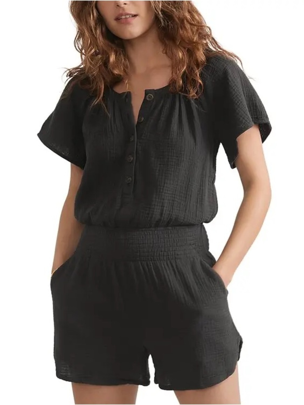 MARINE LAYER Womens New Bella Double Cloth Romper XS Gauze Button Front 17463